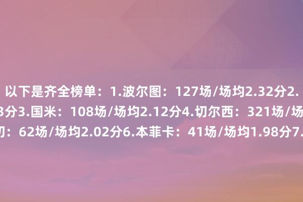 以下是齐全榜单：1.波尔图：127场/场均2.32分2.皇马：178场/场均2.3分3.国米：108场/场均2.12分4.切尔西：321场/场均2.11分5.费内巴切：62场/场均2.02分6.本菲卡：41场/场均1.98分7.曼联：144场/场均1.97分8.热刺：86场/场均1.77分9.罗马：138场/场均1.7分10.莱里亚：20场/场均1.7分体育录像/图片